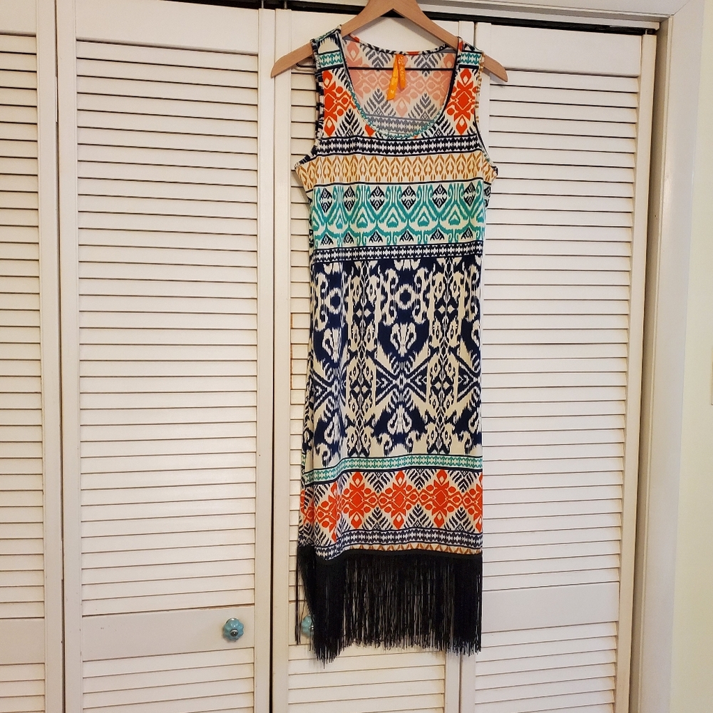 Magic Multicolor Sleeveless Fringe Bottom Dress, Size Medium